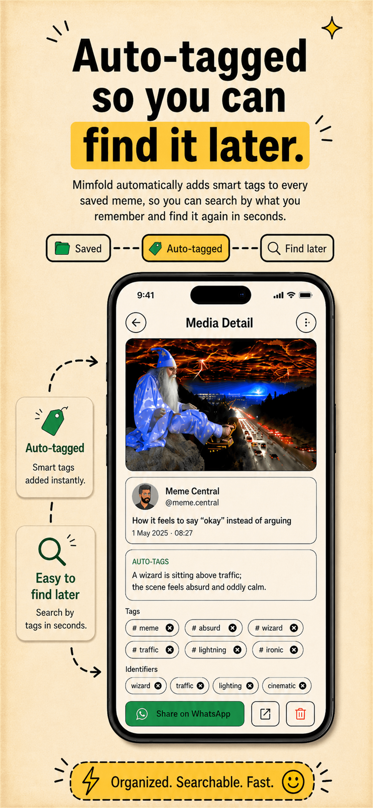 Mimfold auto-tags every saved meme so you can search by what you remember.
